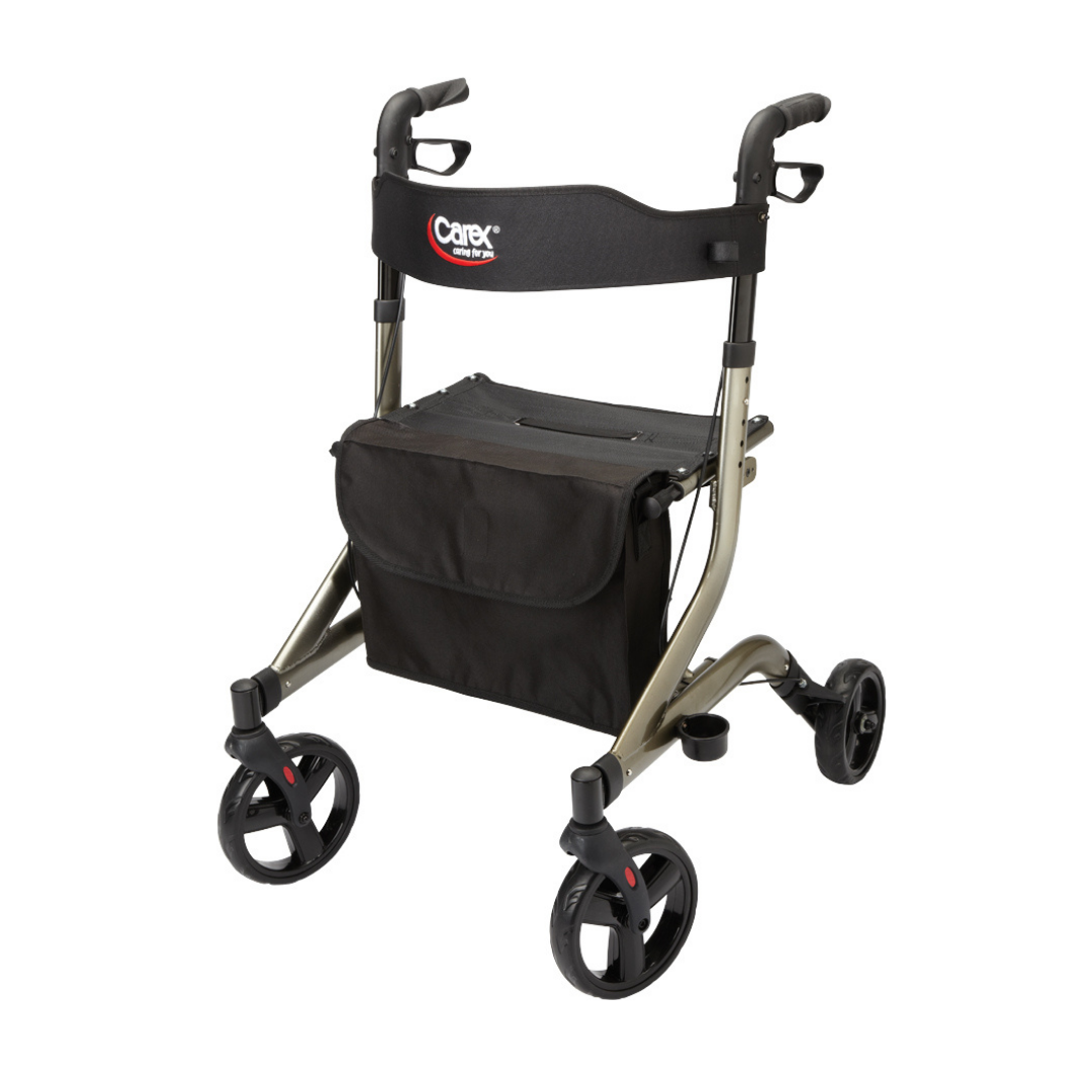 The Carex Crosstour Rolling Walker with Euro Design is a lightweight mobility aid featuring four wheels, hand brakes, a padded seat, and a black storage pouch for convenient support and style.